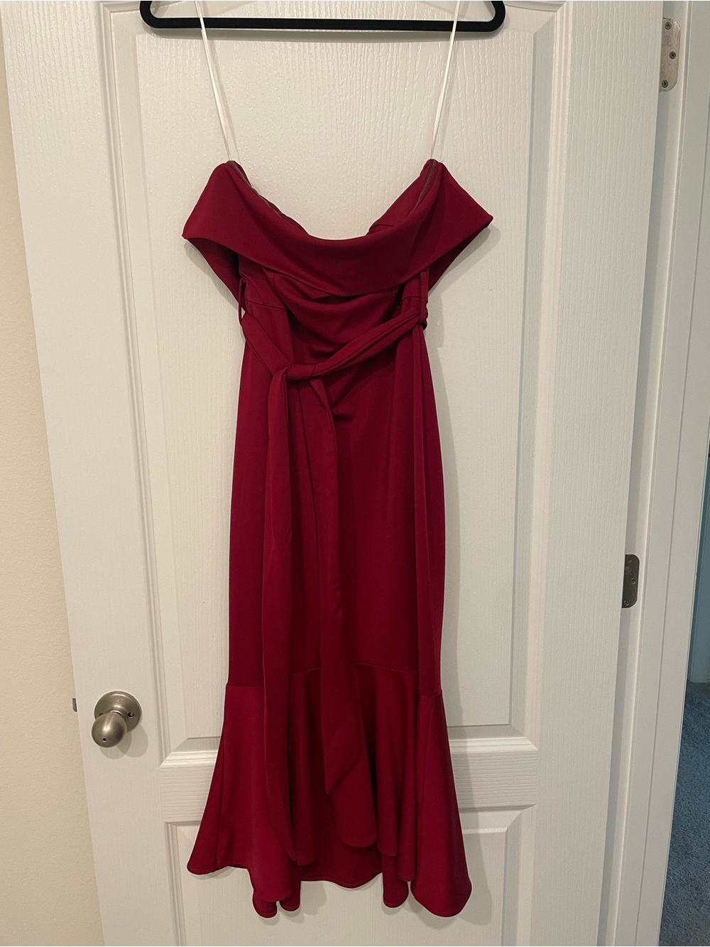 Showpo Burgundy Wine Strapless Midi Mermaid Dress with Tie Waist